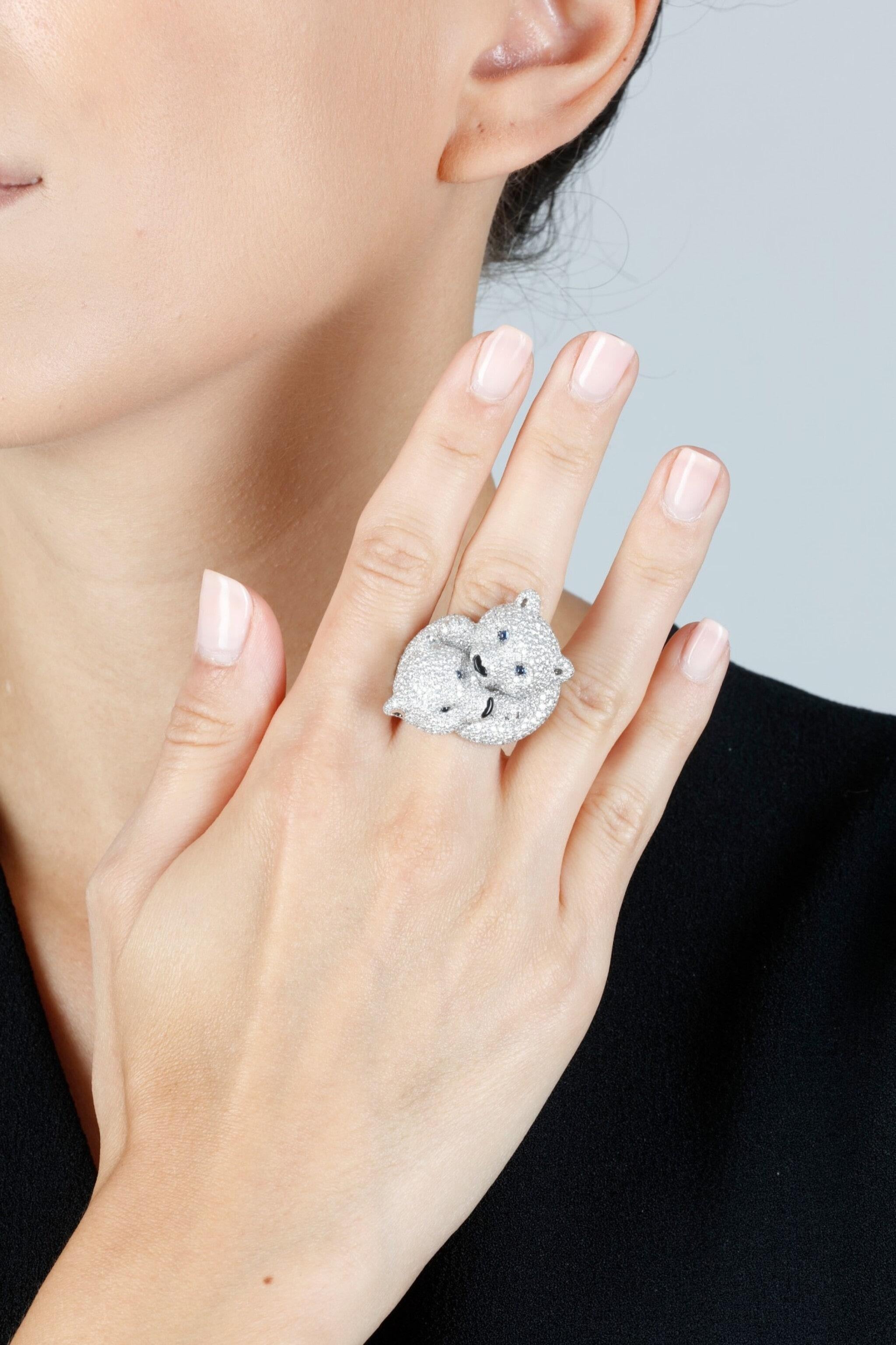 Chopard Polar Bears Diamond Pave Set Blue Sapphire Black Onyx White Gold Ring In Excellent Condition In Oakton, VA