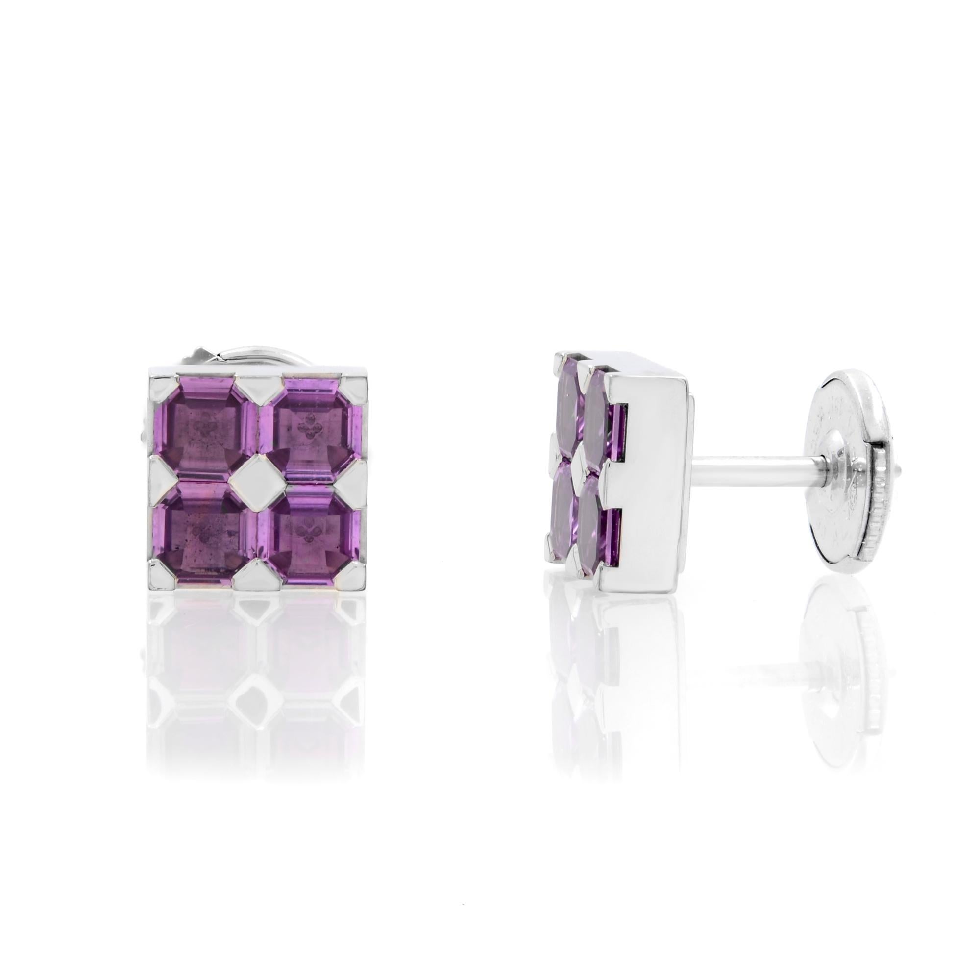 Beautiful Amethyst square shaped stud earrings by Chopard designed in 18K white gold. Earrings size: 7.4mm x 7.4mm. The earrings are equipped with secure push backs. Weight: 4.7 grams. Comes with original box and papers.
