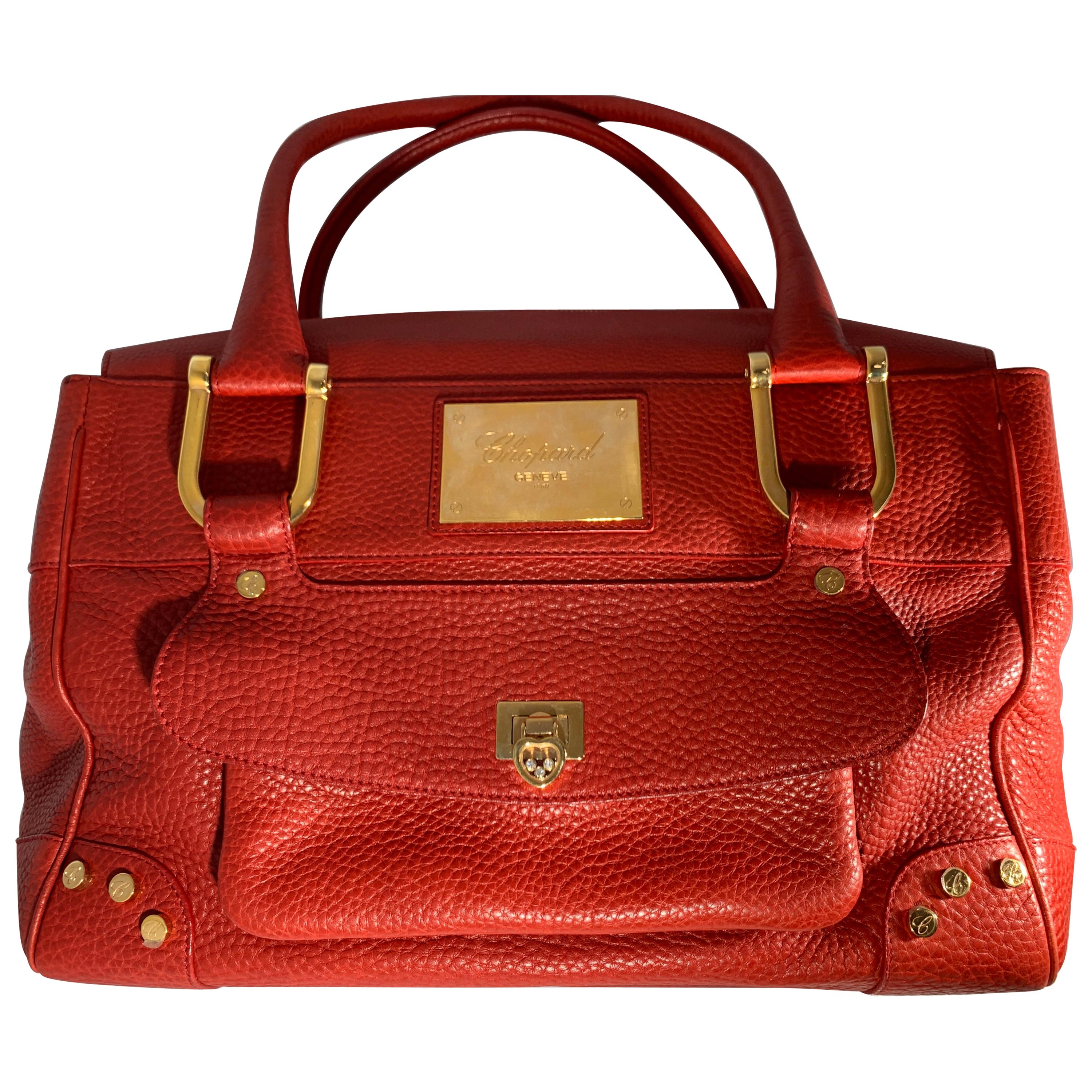 Chopard Red Leather Large Handbag,  happy diamond series heart closure. 