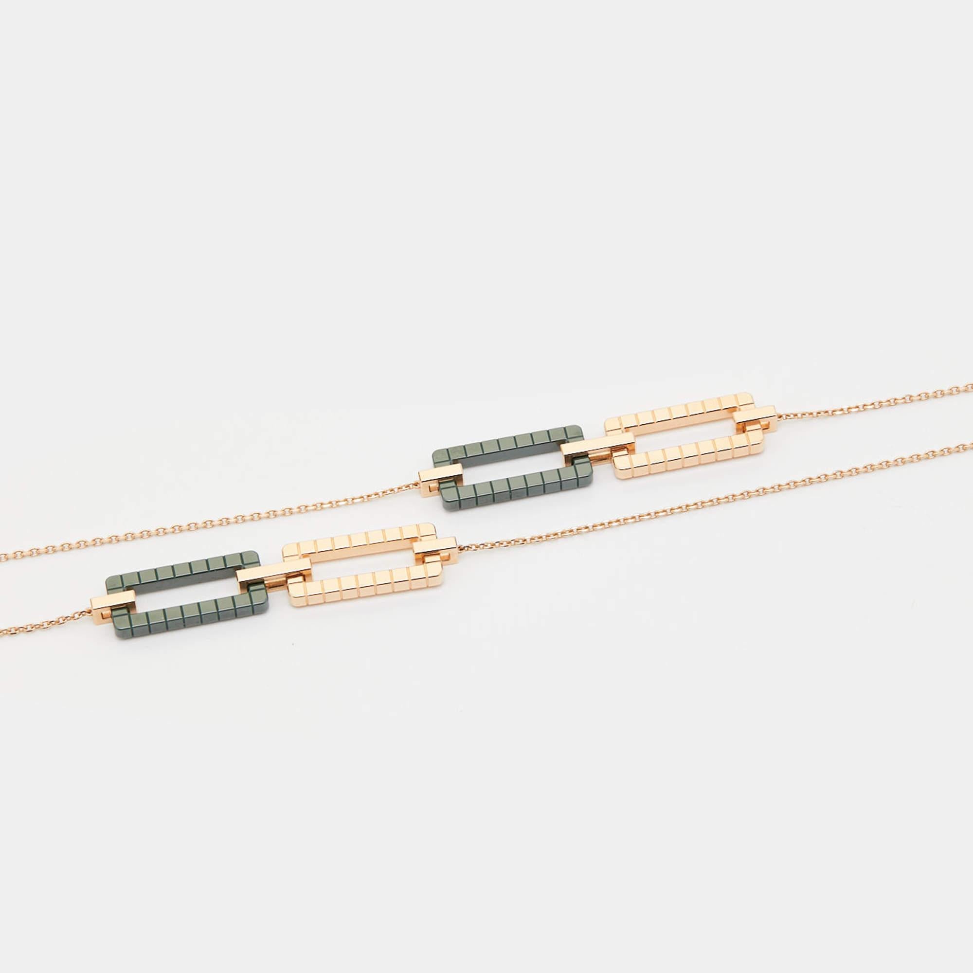 The Chopard Rihanna ♥ Chopard necklace is a luxurious and stylish accessory. Featuring meticulously crafted green ceramic and 18K rose gold cubes, it exudes sophistication. This long sautoir necklace complements any ensemble with a perfect blend of