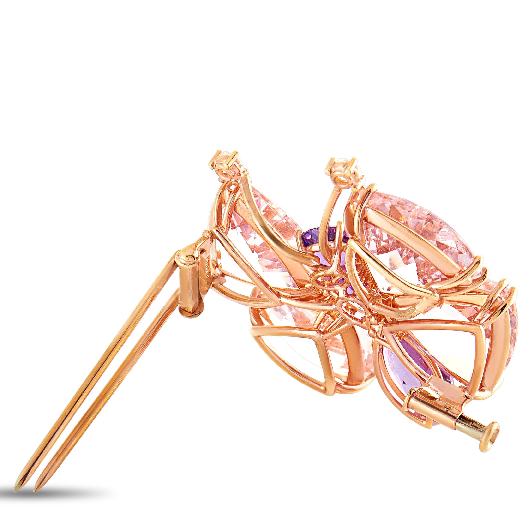 This Chopard butterfly brooch is crafted from 18K rose gold and weighs 5.7 grams, measuring 1.25” in length and 1.25” in width. The brooch is embellished with diamond, amethyst and morganite stones. The diamonds amount to 0.17 carats and the