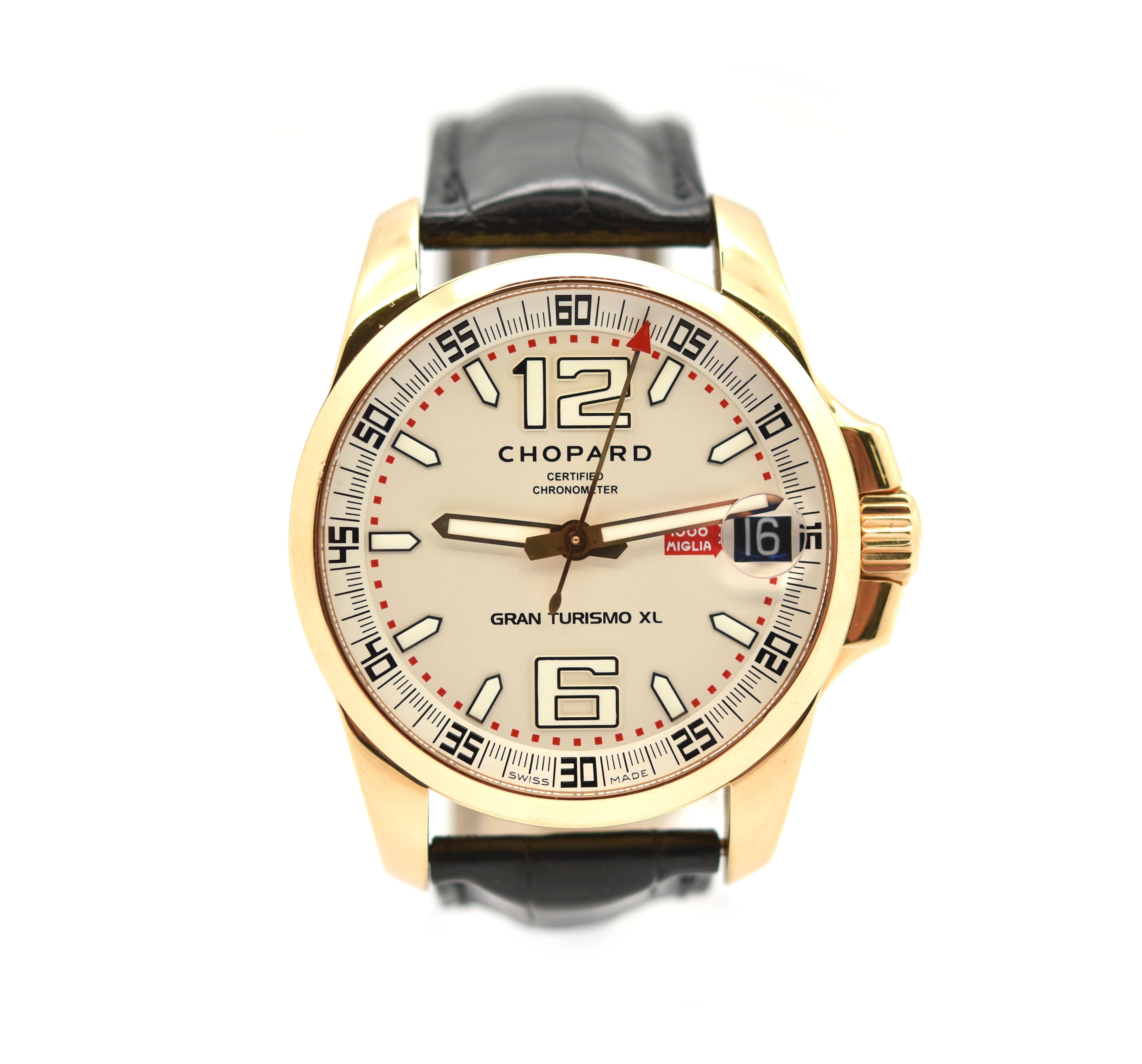 Movement: automatic
Function: hours, minutes, sweep seconds, date
Case: 43mm 18k rose gold case, sapphire crystal
Band: Chopard black leather strap with original Chopard buckle
Dial: silvered dial, rose hands and hour markers
Reference #: