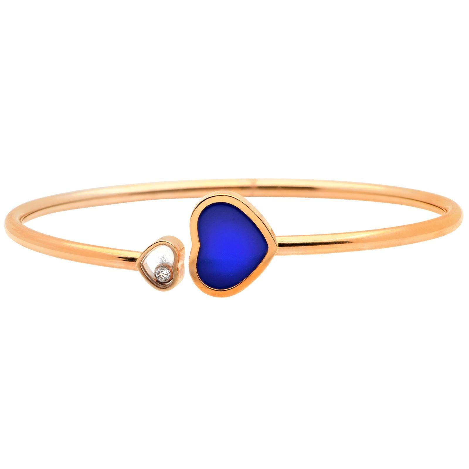 Modern Chopard Rose Gold Happy Hearts Diamond & Blue Stone Flexible Bangle. For Sale