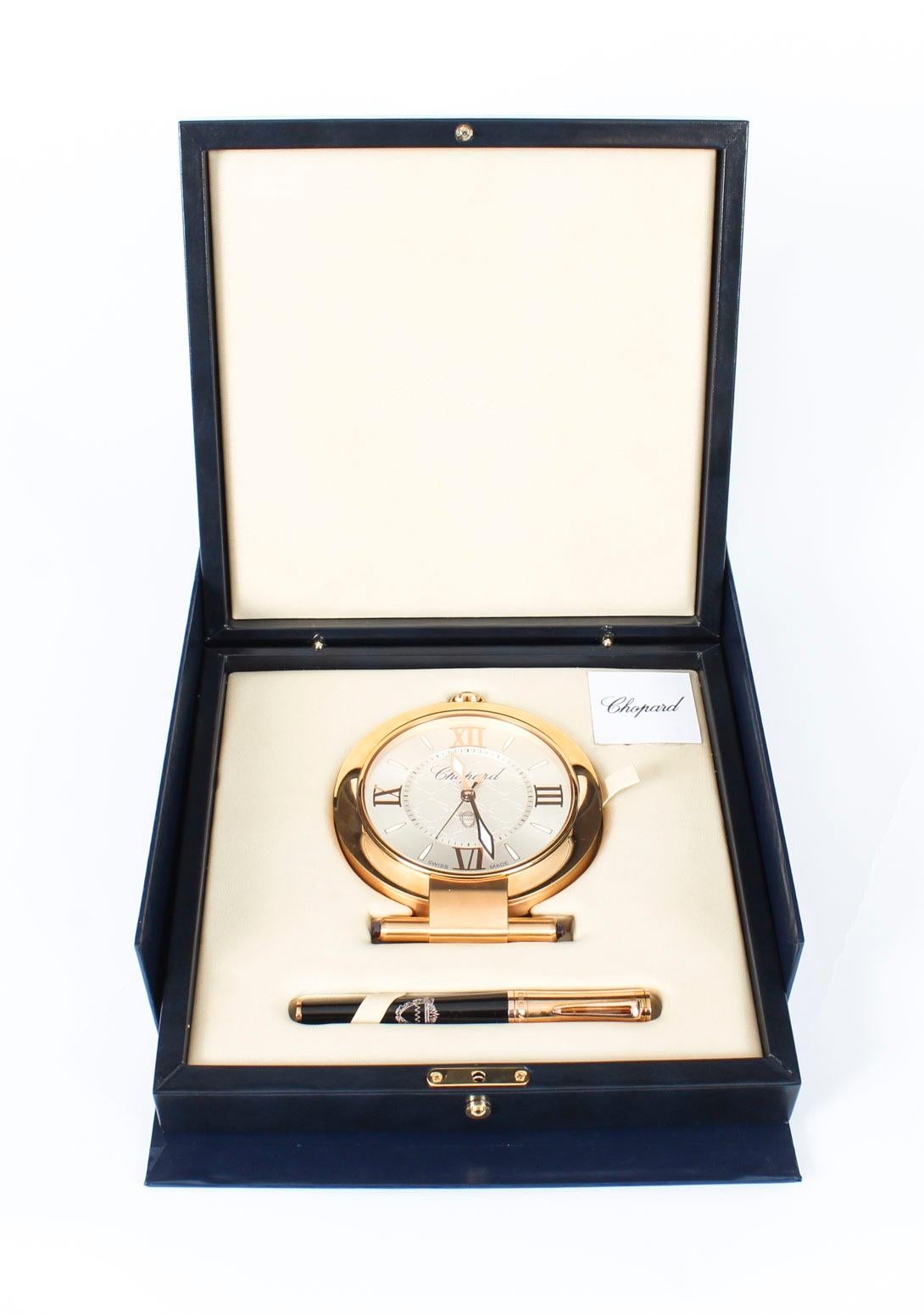 Chopard Rose Gold Travelling Alarm Clock & Pen In Presentation Box 20th Century For Sale 3