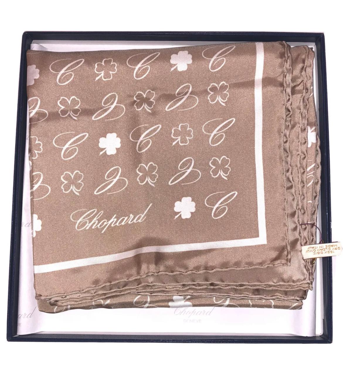 Brown Chopard Silk Scarf Foulard Logos Beige W/ White Chamrocks And Chopard “C’s” For Sale