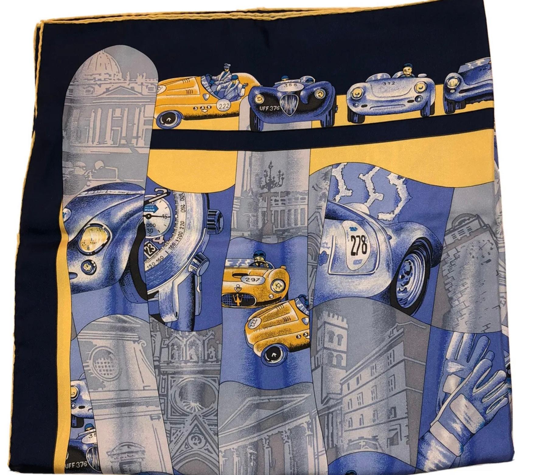Chopard Silk Scarf Foulard Rallye Blue W/ Cars Concours d’Elegance inspired

Made in France  100% Silk  90cm \ 35in Square

Dry Clean Only. Gently Used with Box

Foxy Couture is not an authorized reseller nor affiliated with any of the brands we