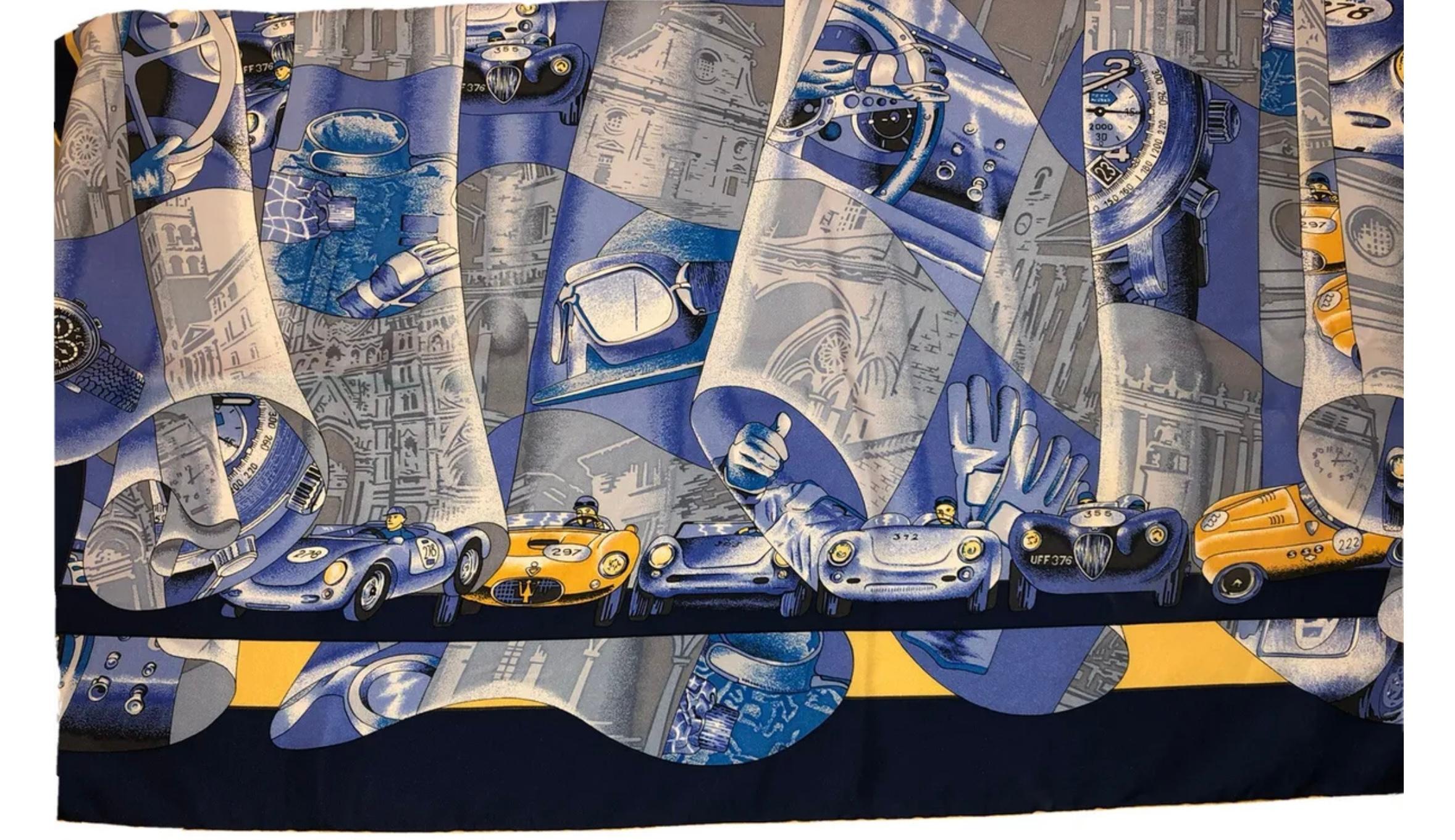 Chopard Silk Scarf Foulard Rally Blue W/ Cars  In New Condition In Carmel, CA