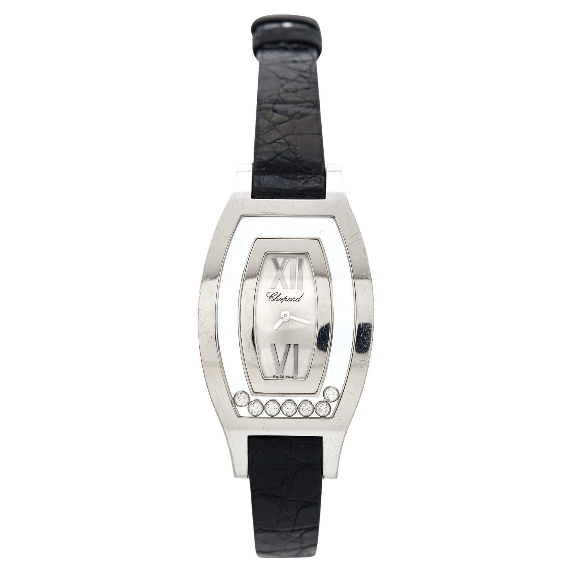 Chopard Silver 18k White Gold Diamond Happy Diamonds Women's Wristwatch 28.5 mm For Sale