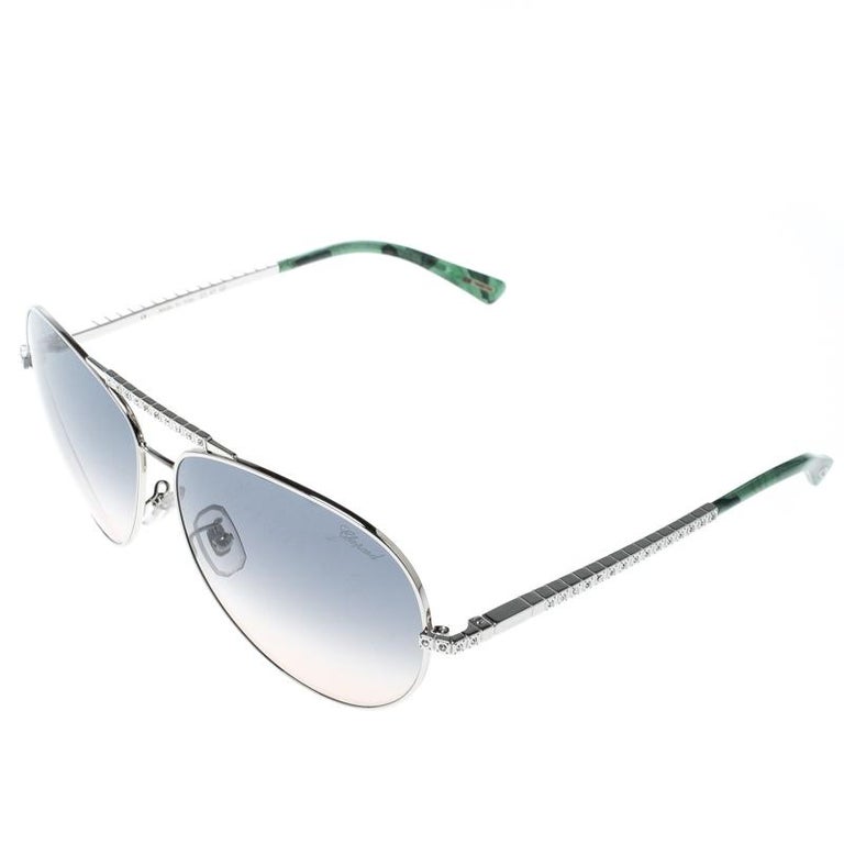 Chopard Silver/Green Gradient SCH934S Embellished Aviator Sunglasses at ...