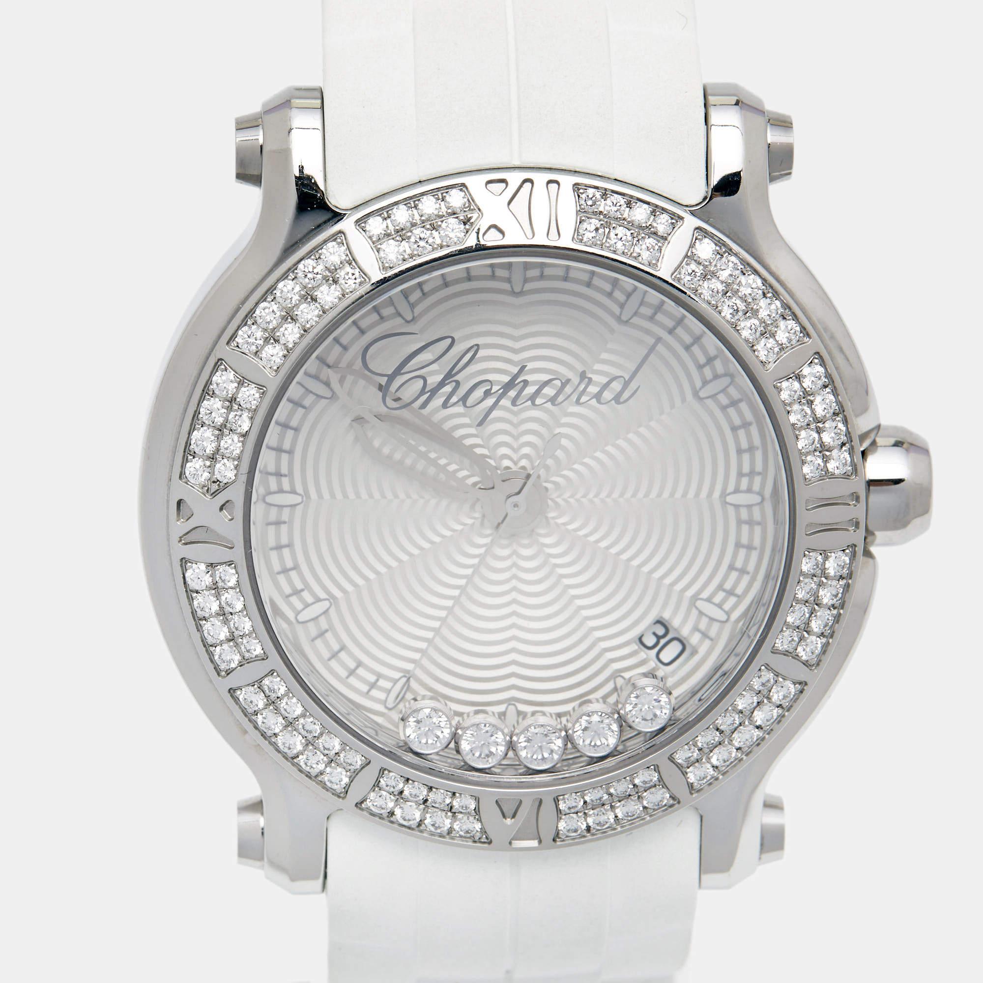 Chopard Silver Stainless Steel Rubber Diamond Happy Sport 278551-3003 36 mm For Sale 1