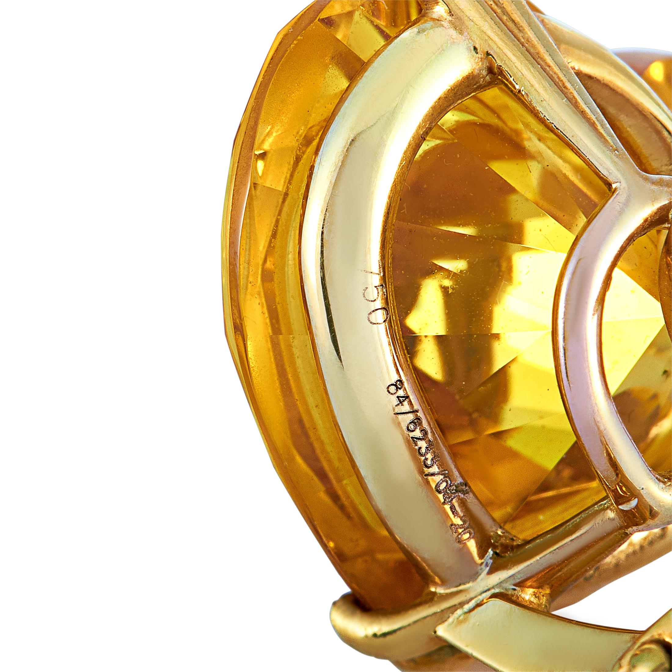 Taille ronde Chopard So Happy, boucles d'oreilles Omega en or jaune 18 carats avec 6 diamants flottants en forme de cœur