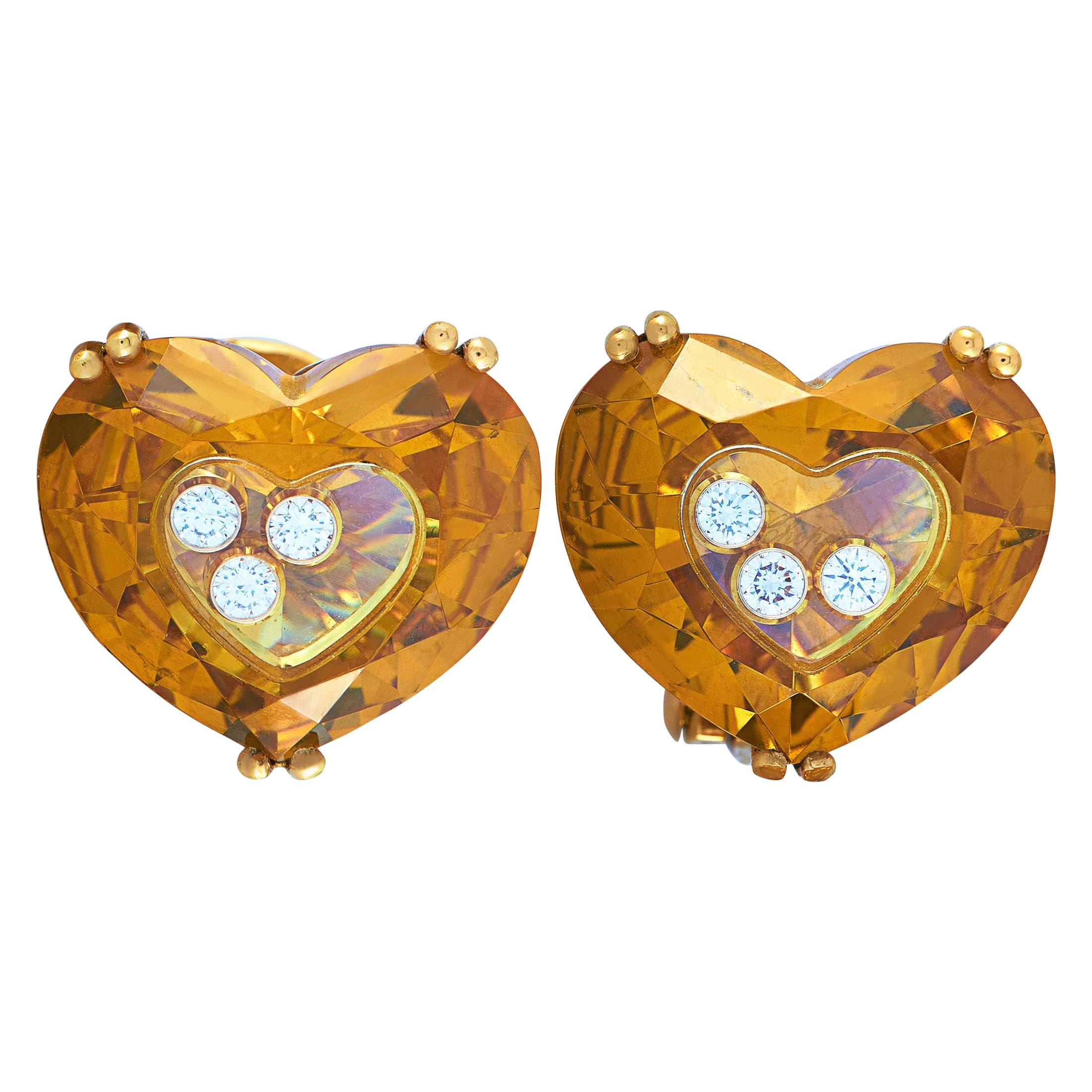 Chopard So Happy 18 Karat Yellow Gold 6 Floating Diamonds Heart Omega Earrings
