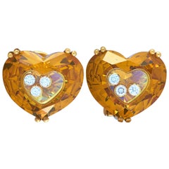 Chopard So Happy 18 Karat Gold 6 Floating Diamonds Heart Omega Back Earrings