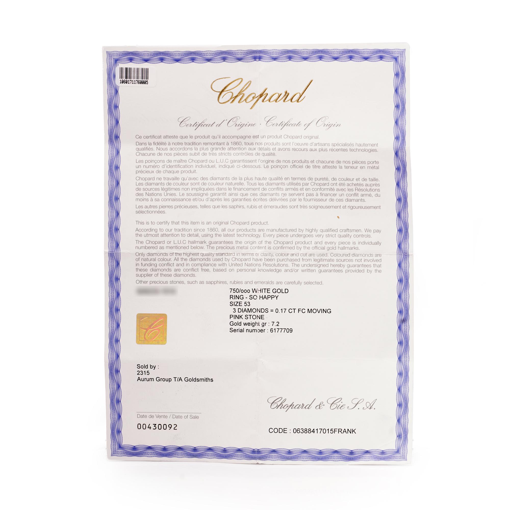 Chopard ‘So Happy’ 18kt White Gold Ring with Diamonds and Pink Sapphire
With Original Chopard Certificate

A signature Chopard ‘So Happy’ ring crafted in 18kt white gold, featuring a floating heart-shaped synthetic pink sapphire framed by a pair of