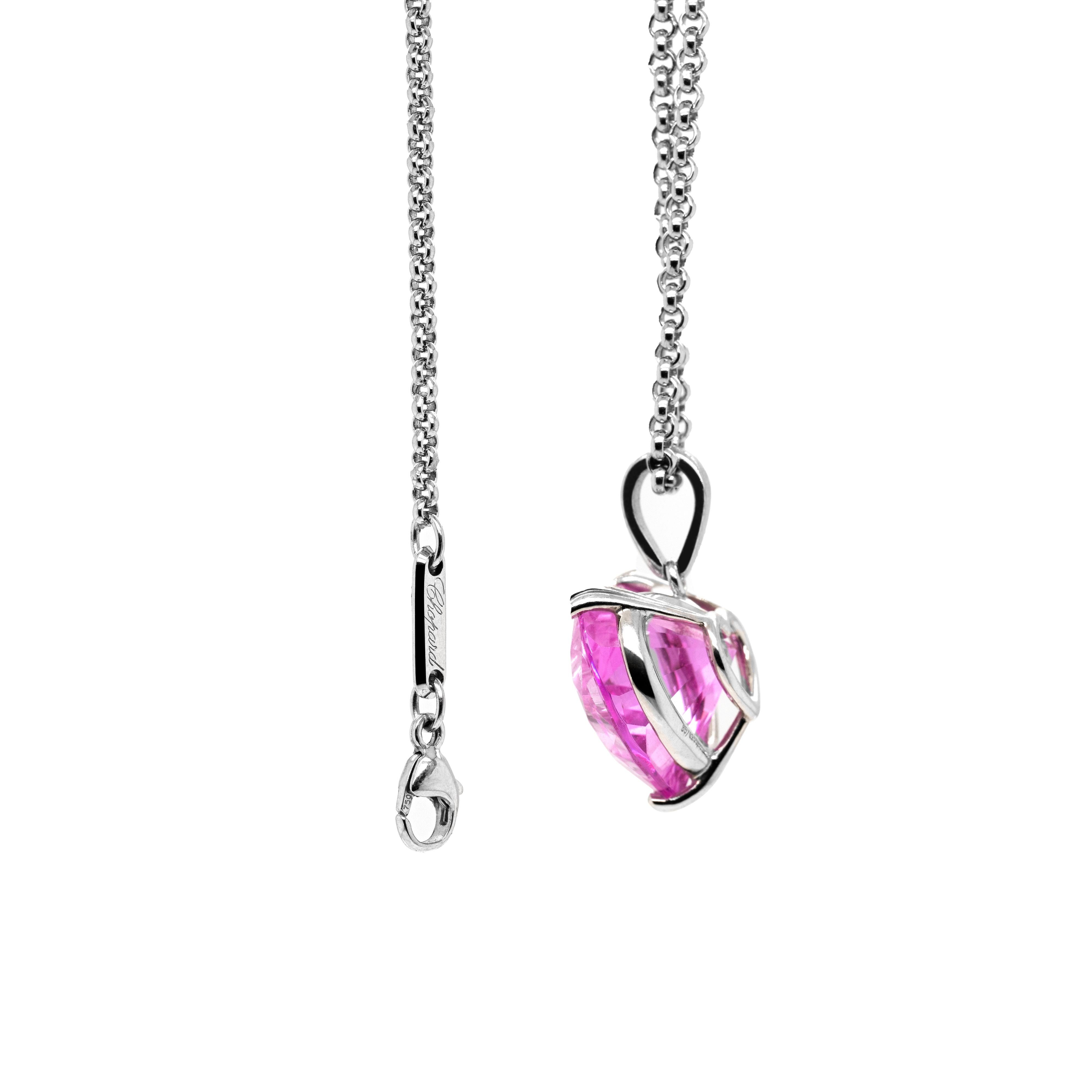 This gorgeous necklace by Chopard features a heart pendant made from a beautiful pink crystal encased with the brands' signature floating diamonds in the centre.  From the 'So Happy' collection, the three iconic floating diamonds are each