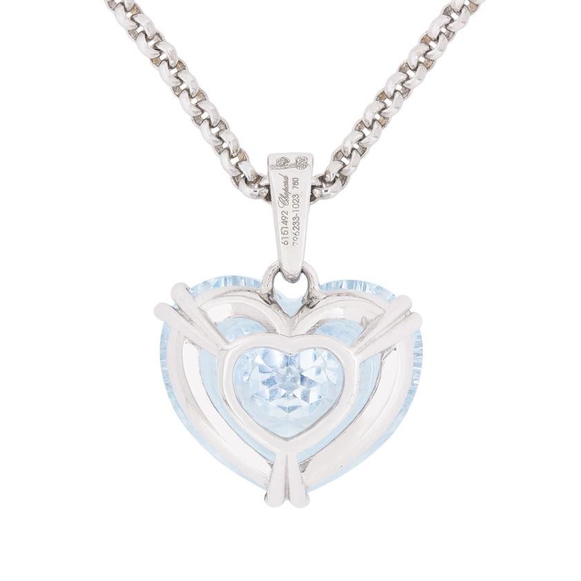 From the hugely popular 'So Happy Heart' collection by Chopard, this necklace features a collection of little round brilliant diamonds set within a heart shaped aquamarine stone. The diamonds have a combined weight of 0.17 carat and are F in colour,