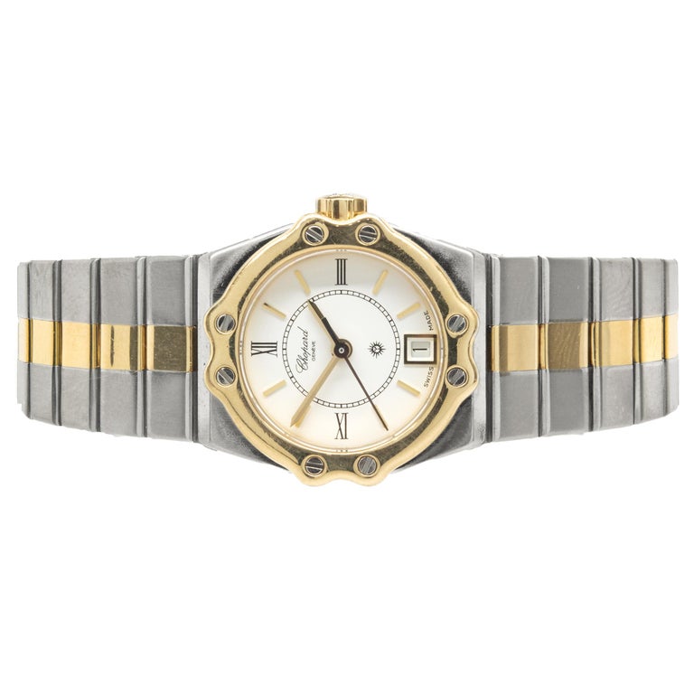 Movement: quartz
Function: hours, minutes, seconds, date
Case: 24mm round case, 18K yellow gold bezel
Band: stainless steel, 18K yellow gold link bracelet, butterfly clasp
Dial: white roman dial, gold stick hands
Reference #: 8024
Serial: