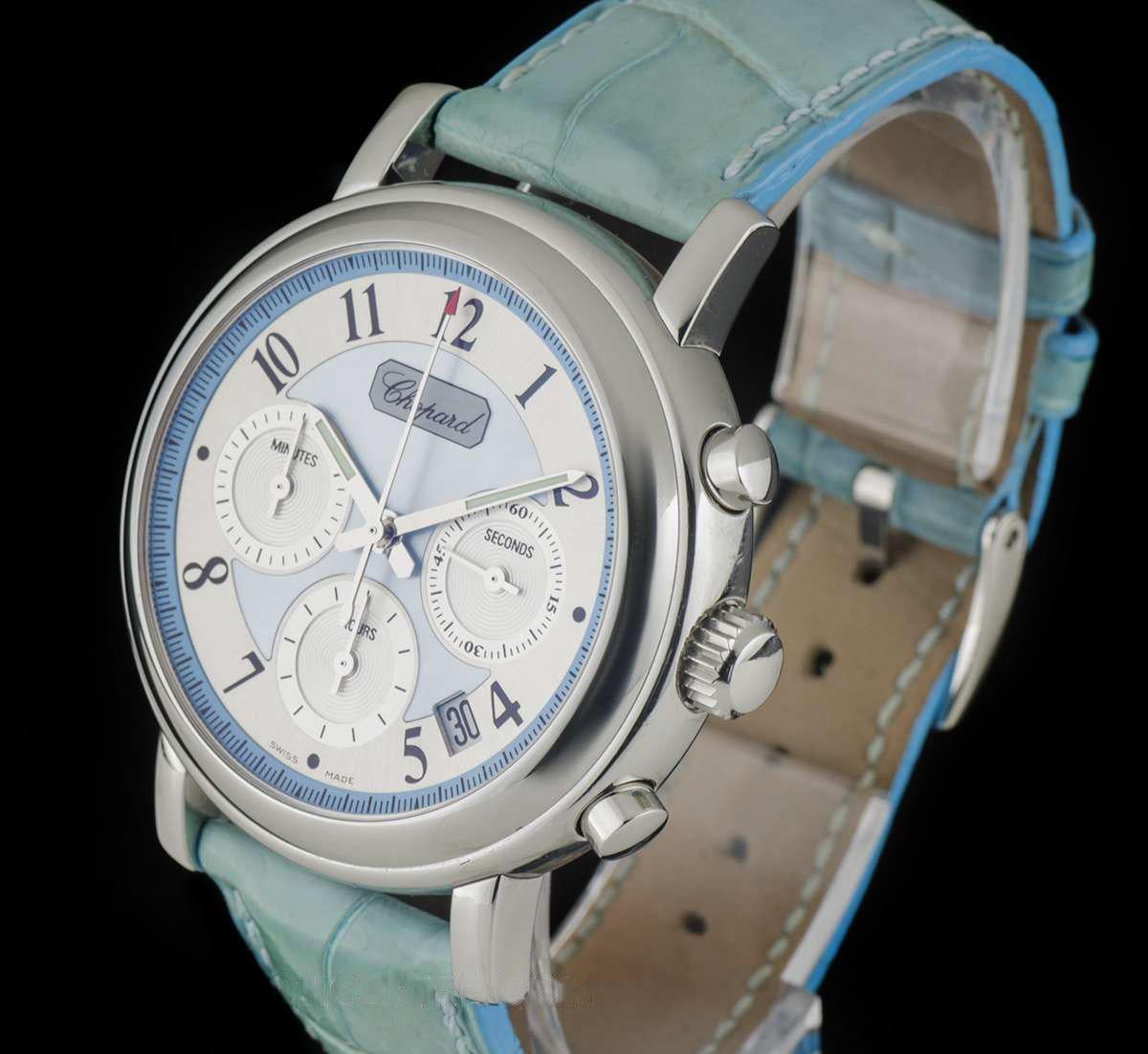 A 39mm Stainless Steel Mille Miglia Limited Edition 'Elton John Aids Foundation' Wristwatch, blue mother of pearl and silver dial with arabic numbers, small seconds sub dial at 3 0'clock, date between 4 and 5 0'clock, 12 hour recorder at 6 0'clock,
