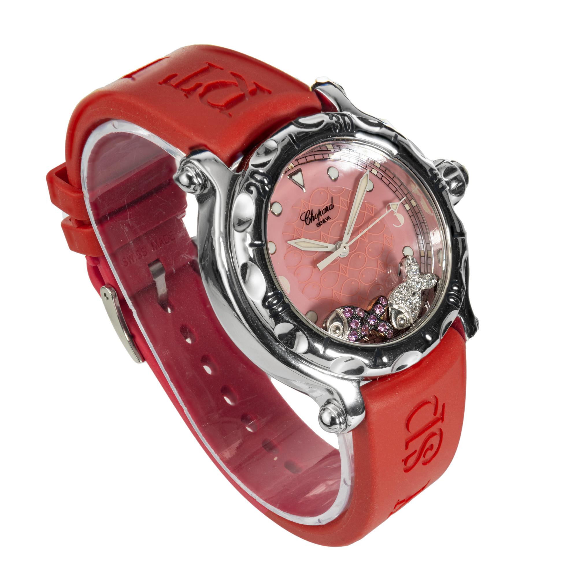 Taglio rotondo Chopard Stainless  Orologio da polso Happy Fish Sport in acciaio con diamanti e zaffiri in vendita
