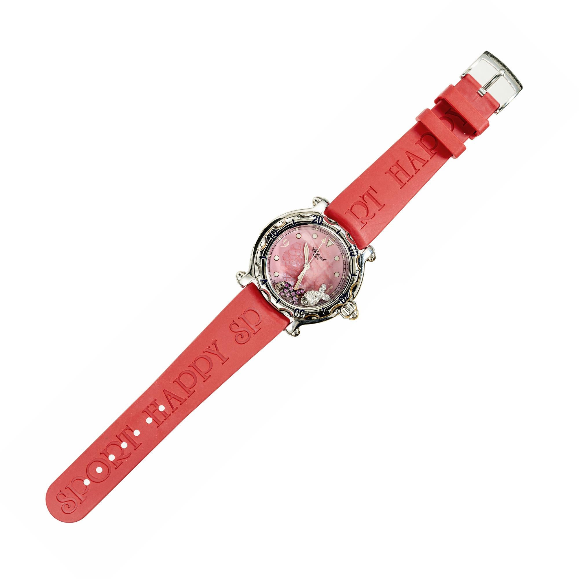 Chopard Stainless  Orologio da polso Happy Fish Sport in acciaio con diamanti e zaffiri in vendita 1