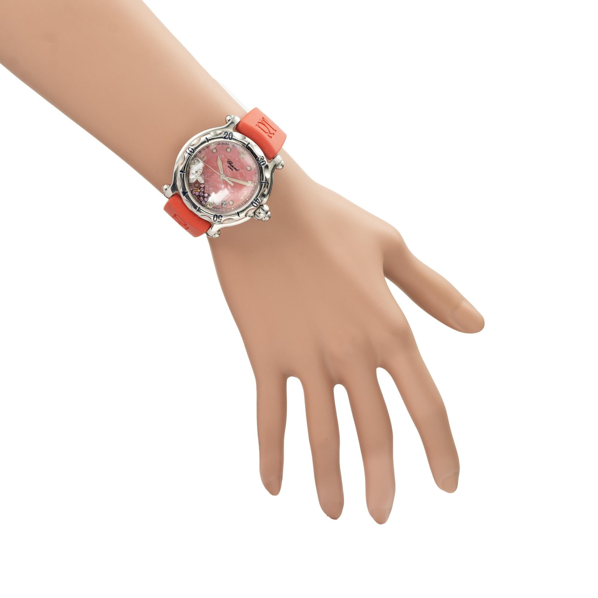 Chopard Stainless  Orologio da polso Happy Fish Sport in acciaio con diamanti e zaffiri in vendita 3