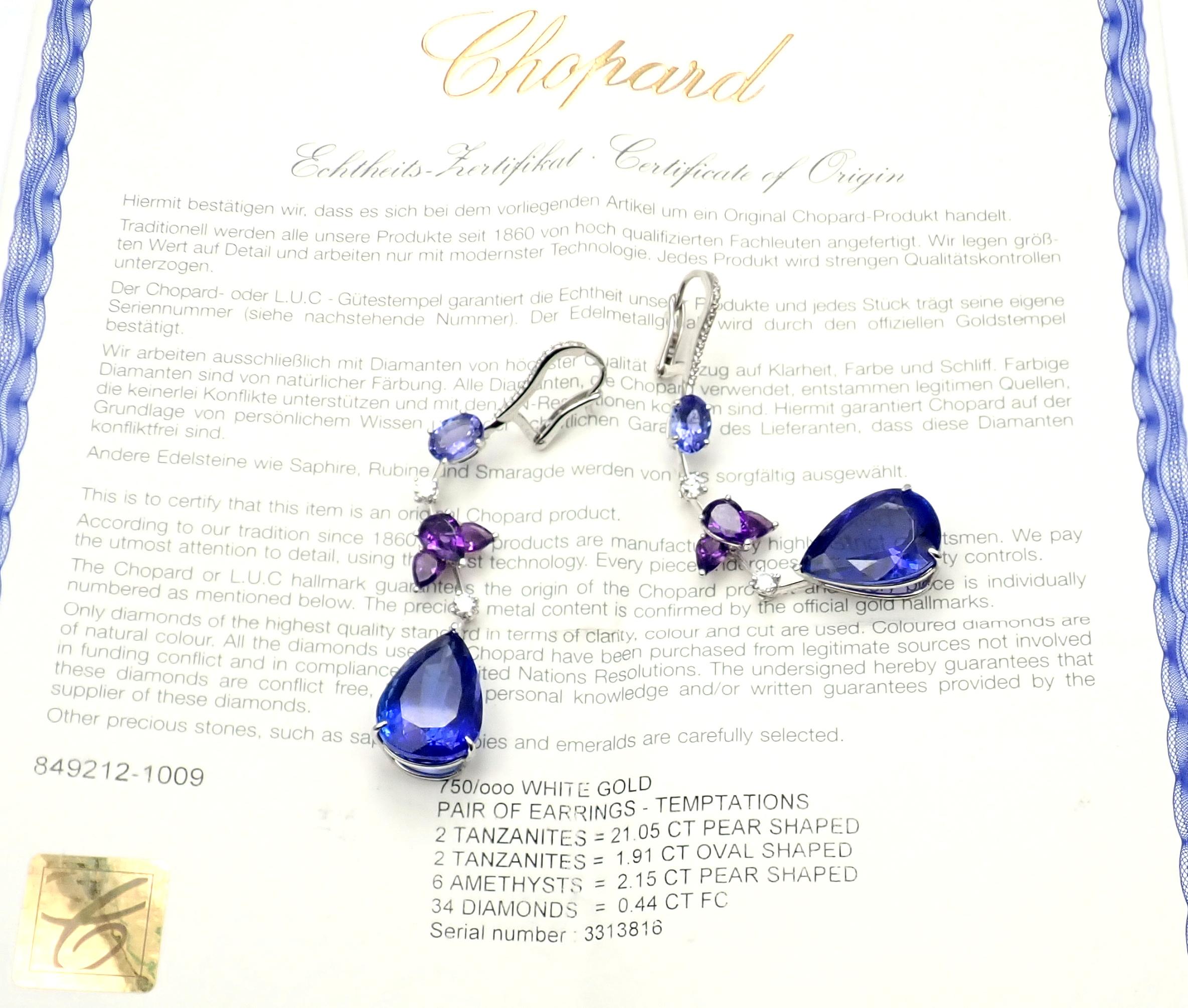 18k White Gold Diamond Tanzanite Amethyst Temptations Earrings from High Jewelry Collection 
by Chopard. 
These earrings come with Chopard certificate and a Chopard box.
These earrings are from High Jewelry collection and they are called