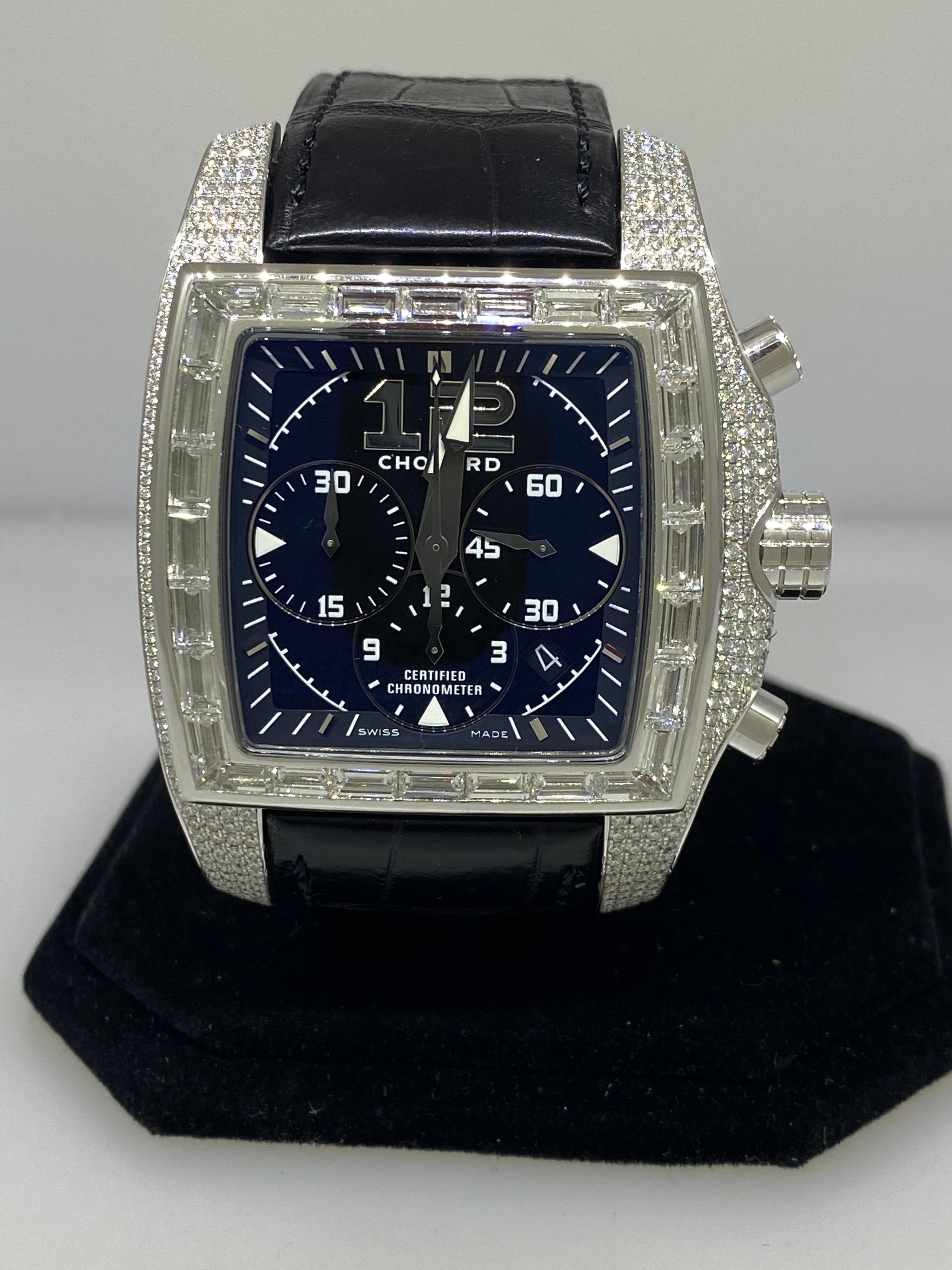 Model Number: 17/2272-1001

100% Authentic

New (Old Stock)

Comes with original Chopard box, certificate of authenticity and warranty, and instruction manual

18 Karat White Gold

Case set with:

28 Trapeze Diamonds (7.45 carats)

623 diamonds