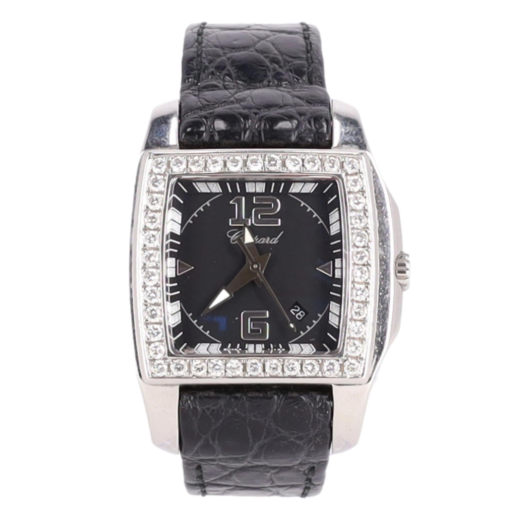 Round Cut Chopard Two O Ten Diamond & Stainless Steel Watch With Crocodile Skin Strap For Sale