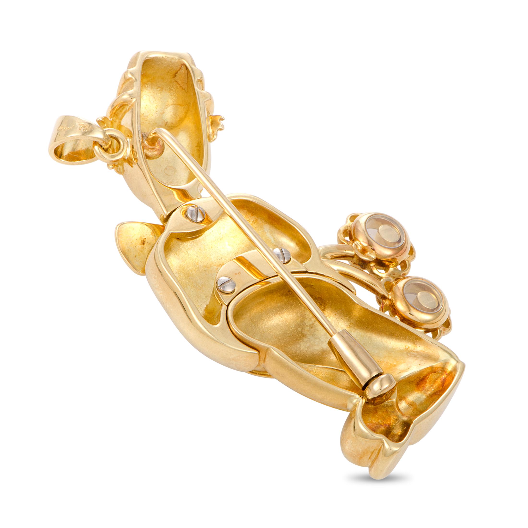 This vintage Chopard clown pendant that can also be worn as a brooch is made out of 18K yellow gold and multiple gemstones. The pendant weighs 40.7 grams, measuring 2.50” in length and 1.37” in width.

Offered in estate condition, this jewelry piece