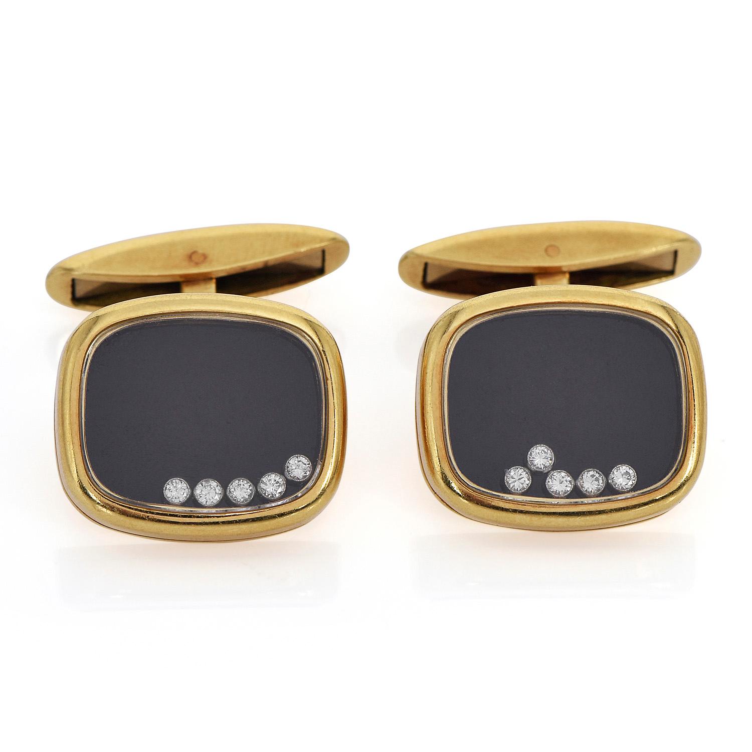 This classic vintage Chopard from happy diamond collection tuxedo Cushion Shaped Cufflinks is crafted in Solid 18K Yellow Gold. 

With a Black Onyx Dial, 10 Round Cut, Bezel set, 

Floating Diamonds, 

with a total carat weight of 0.25 carats,