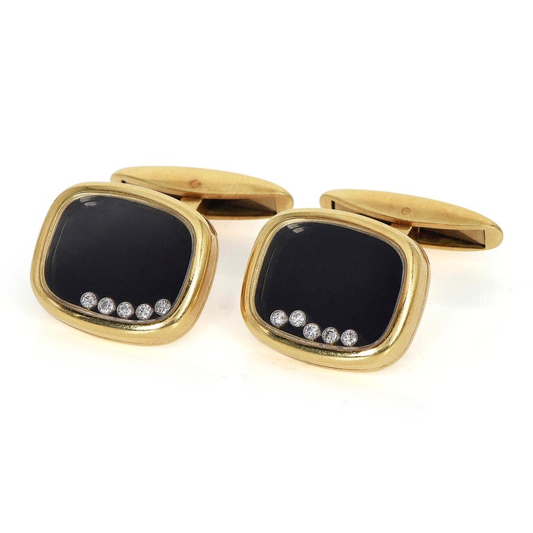 Chopard Vintage Happy Diamond Onyx 18K Yellow Gold Men's Cufflinks In Excellent Condition For Sale In Miami, FL