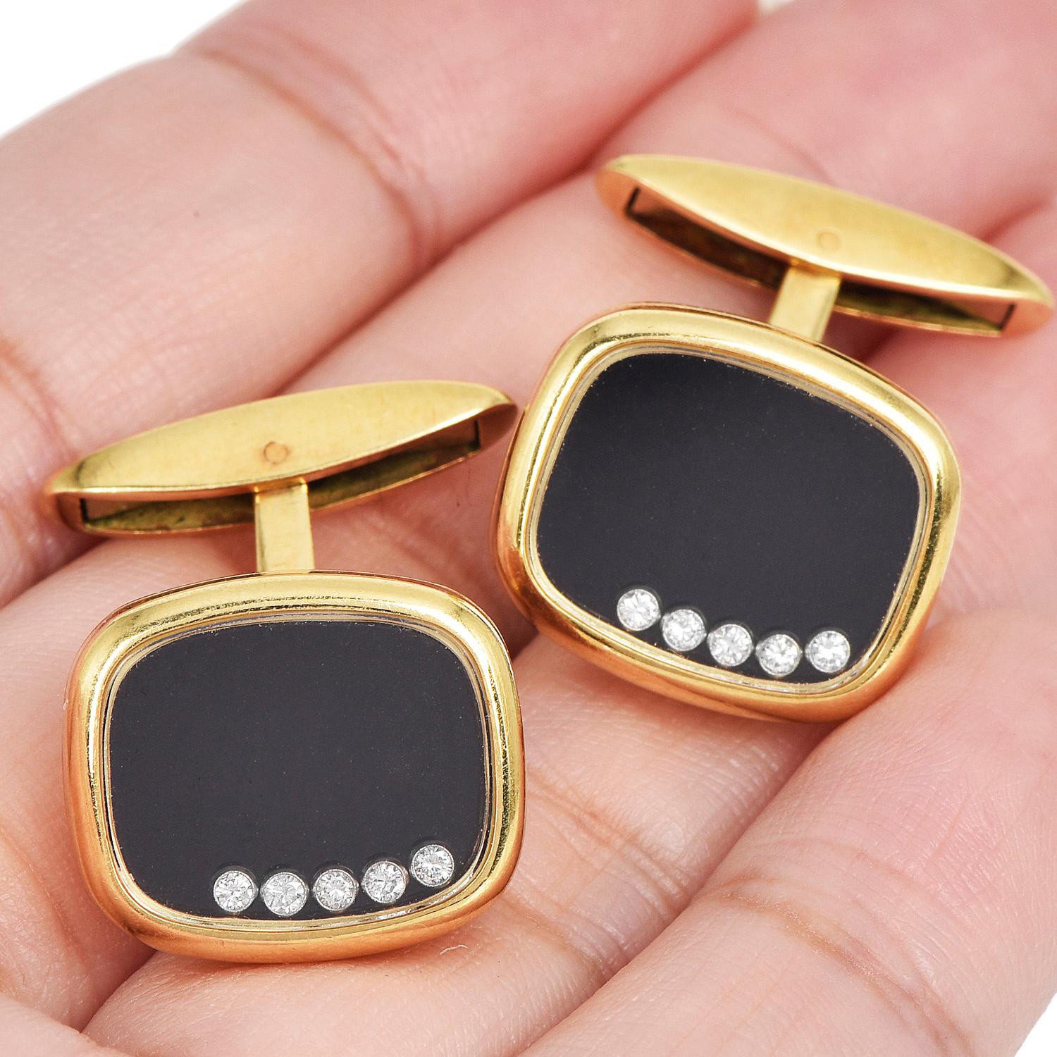 Retro Chopard Vintage Happy Diamond Onyx 18K Yellow Gold Men's Cufflinks For Sale