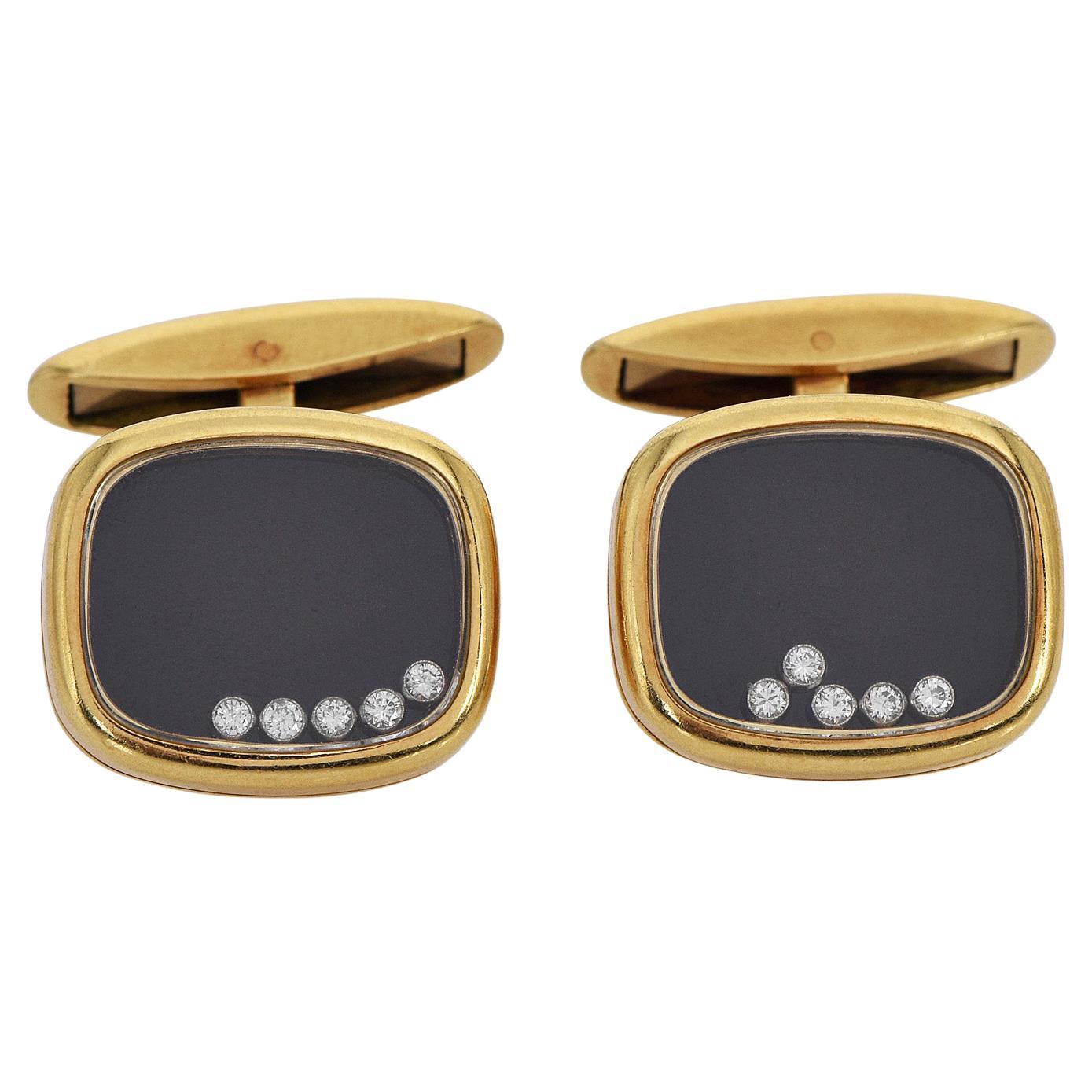 Chopard Vintage Happy Diamond Onyx 18K Yellow Gold Men's Cufflinks For Sale