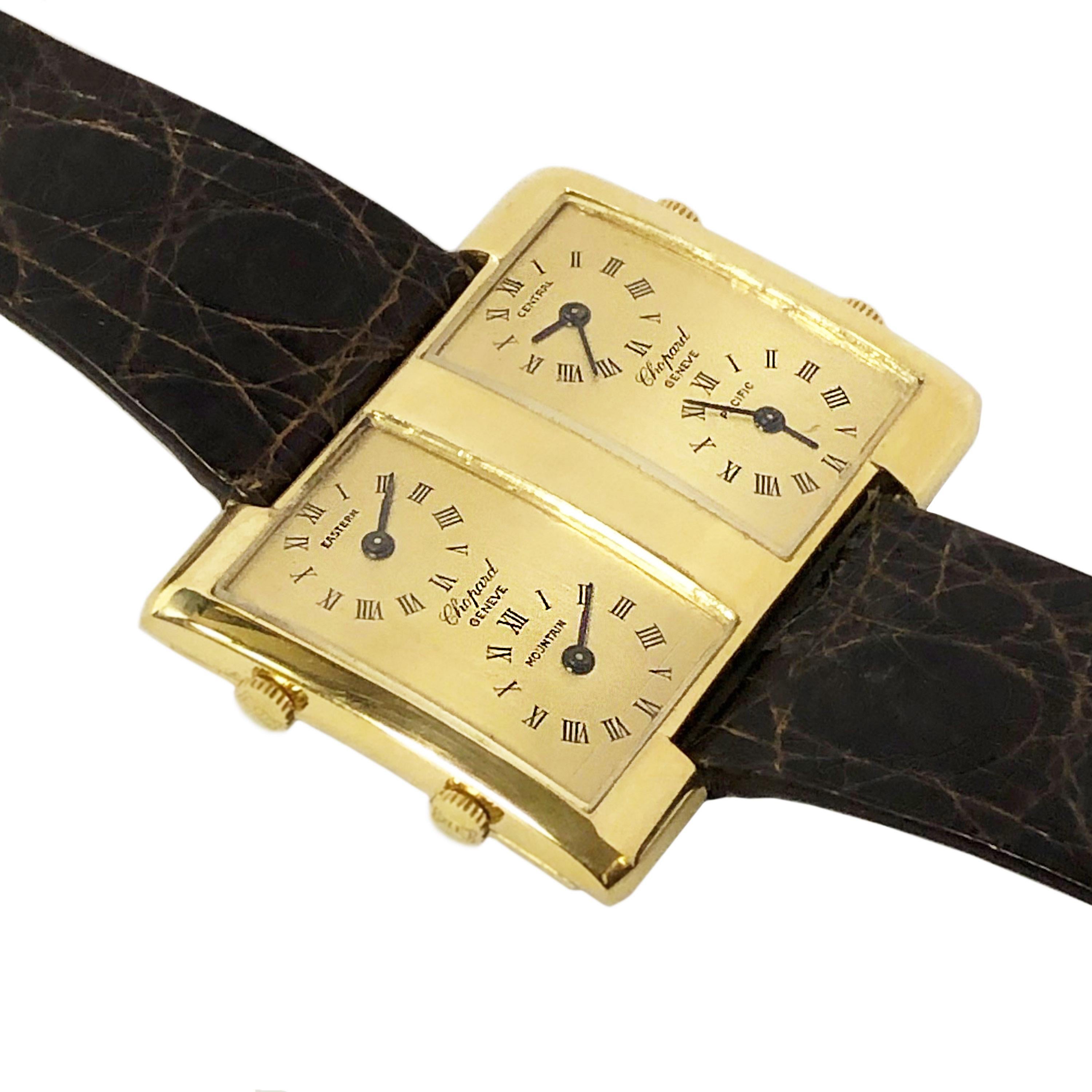 Chopard Vintage Gelbgold 4 Zeitzonen Mechanische Armbanduhr im Zustand „Hervorragend“ in Chicago, IL