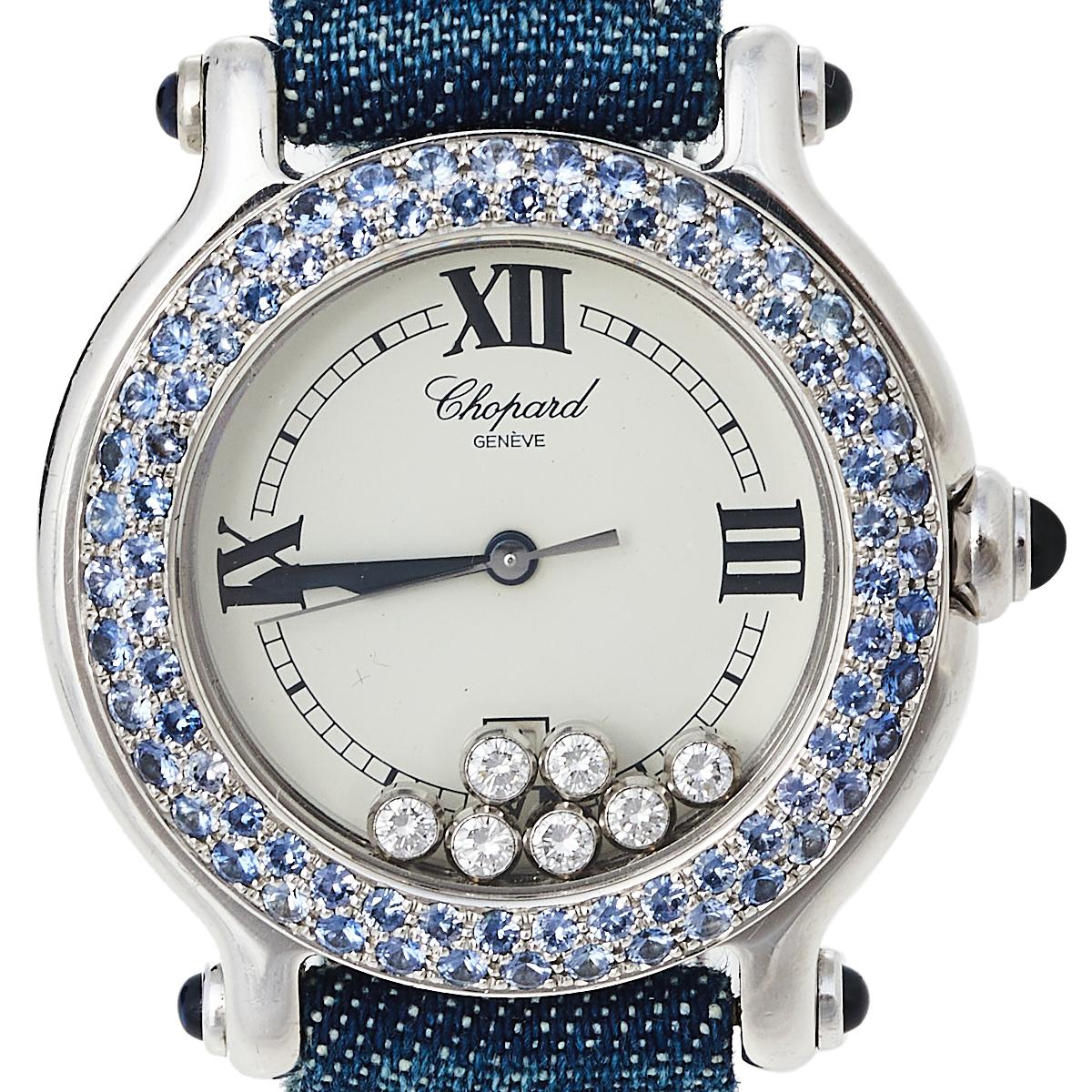 Contemporary Chopard White 18K Sapphire Happy Sport S27/6177-23 Women's Wristwatch 33 mm