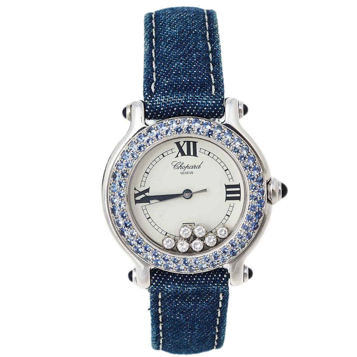 Chopard White 18K Sapphire Happy Sport S27/6177-23 Women's Wristwatch 33 mm