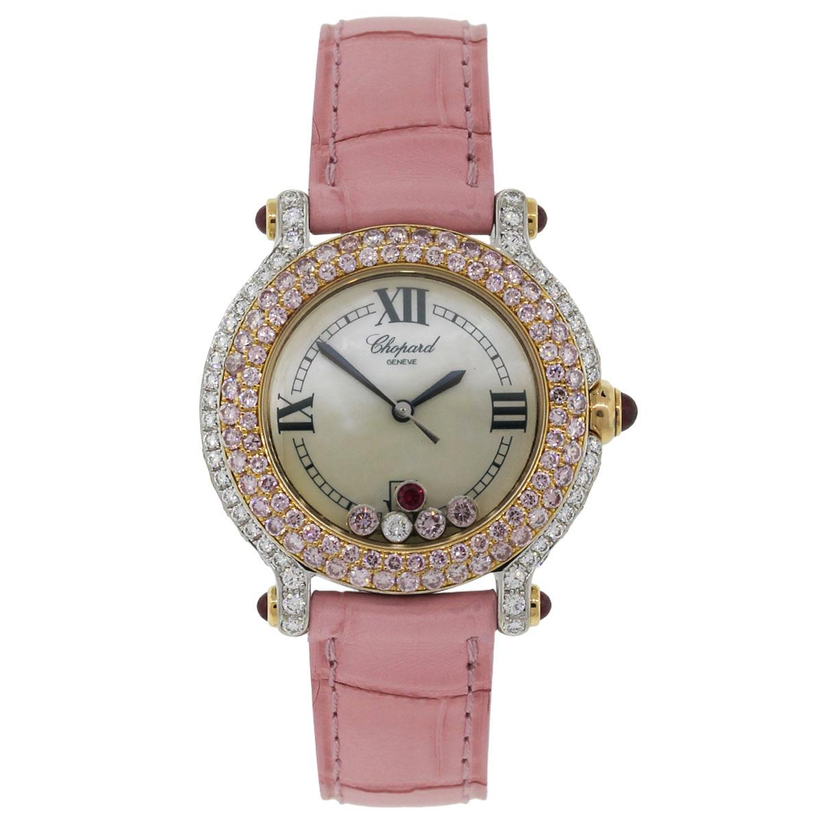Brand: Chopard
MPN: 27/6180/401
Model: Happy Sport
Case Material: 18k white gold with white round brilliant diamonds
Case Diameter: 36mm
Crystal: Sapphire crystal
Bezel: 18k rose gold bezel with round brilliant pink diamonds
Dial: Mother of pearl