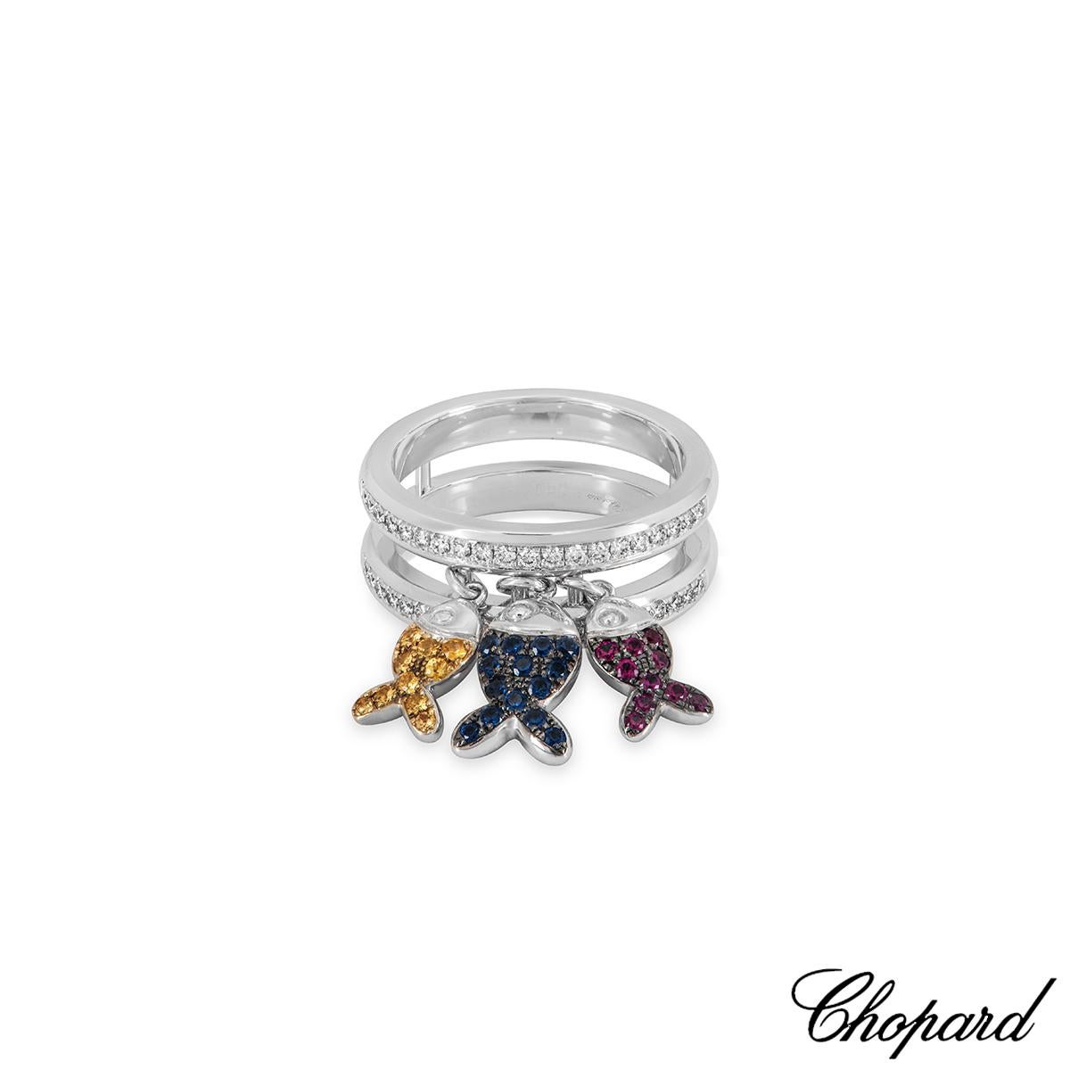Round Cut Chopard White Gold Diamond, Ruby & Sapphire Fish Ring 82/4702-1002 For Sale