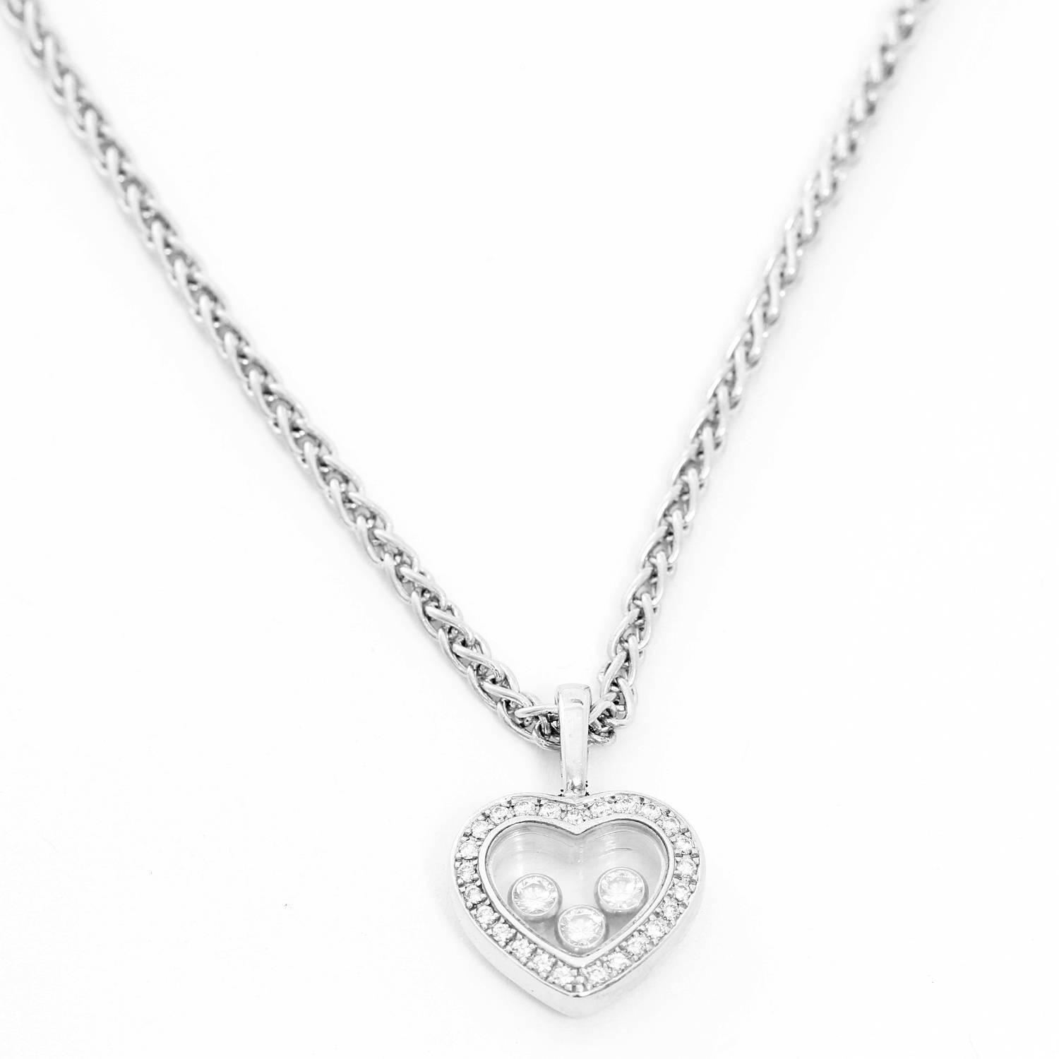 Round Cut Chopard White Gold Floating Diamond Heart Necklace