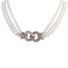 Chopard White/Pink Diamonds and Pearl White/Yellow Gold Necklace and Earring Set
