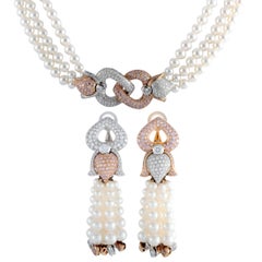 Chopard White/Pink Diamonds and Pearl White/Yellow Gold Necklace and Earring Set