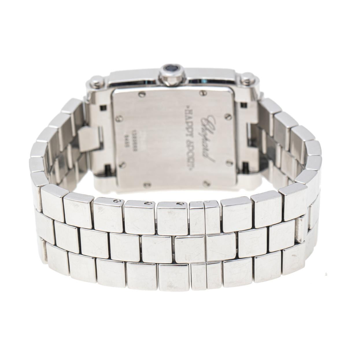 Contemporary Chopard White Stainless Steel Diamond Happy Sport Square Women's Wristwatch 30mm