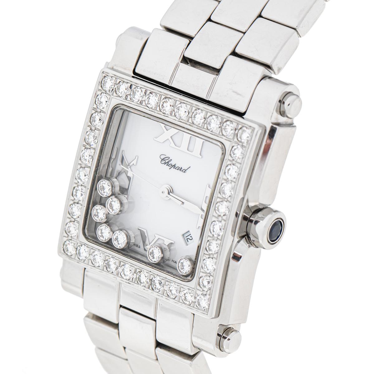 Mixed Cut Chopard White Stainless Steel Diamond Happy Sport Square Women's Wristwatch 30mm