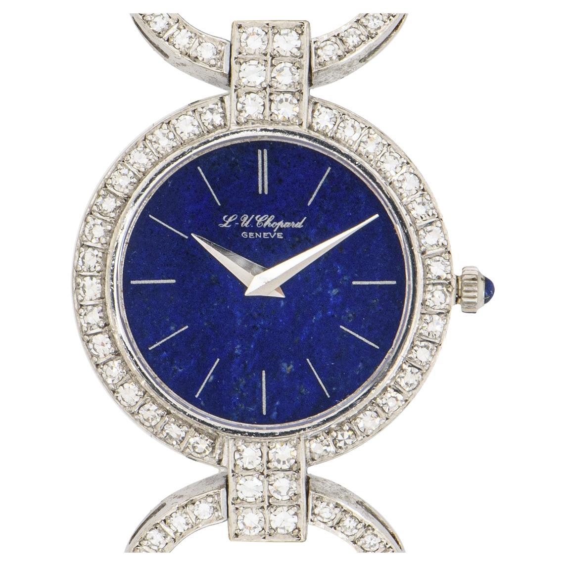 A Ladies 25mm Chopard Diamond set wristwatch, crafted in white gold. Featuring a distinctive lapis lazule dial with a white gold fixed bezel set with 92 round brilliant diamonds weighing 0.78ct and a crown set with a cabochoon.

Fitted with a