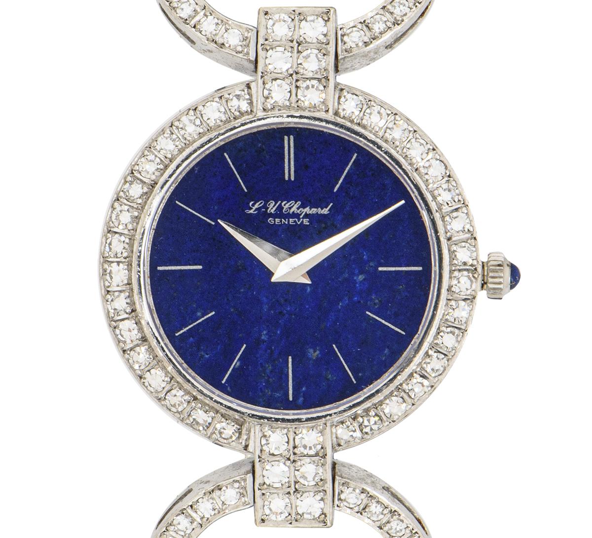 Round Cut Chopard Women's White Gold Diamond Set Lapis Dial Watch For Sale