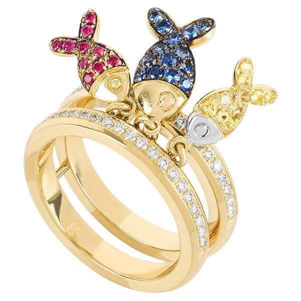 Chopard Yellow Gold Diamond, Ruby & Sapphire Fish Ring 82/4702-0002 For Sale