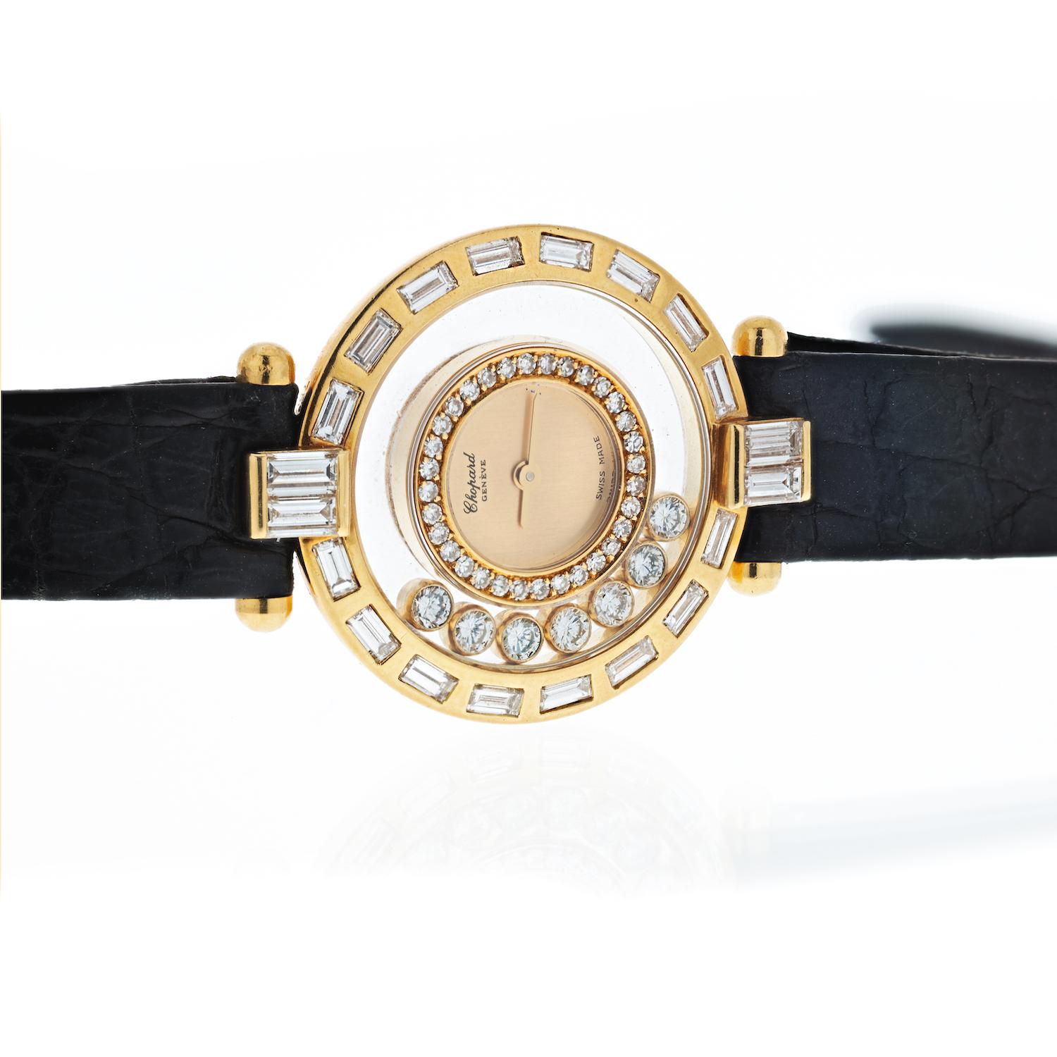 Chopard Yellow Gold Diamond Watch.
On A leather strap. Strap shows wear but not too much.
Case and crystal are in perfect condition. No scratches. 
Diamonds are all original and are in perfect condition. No scratches.
The watch case is rather thin