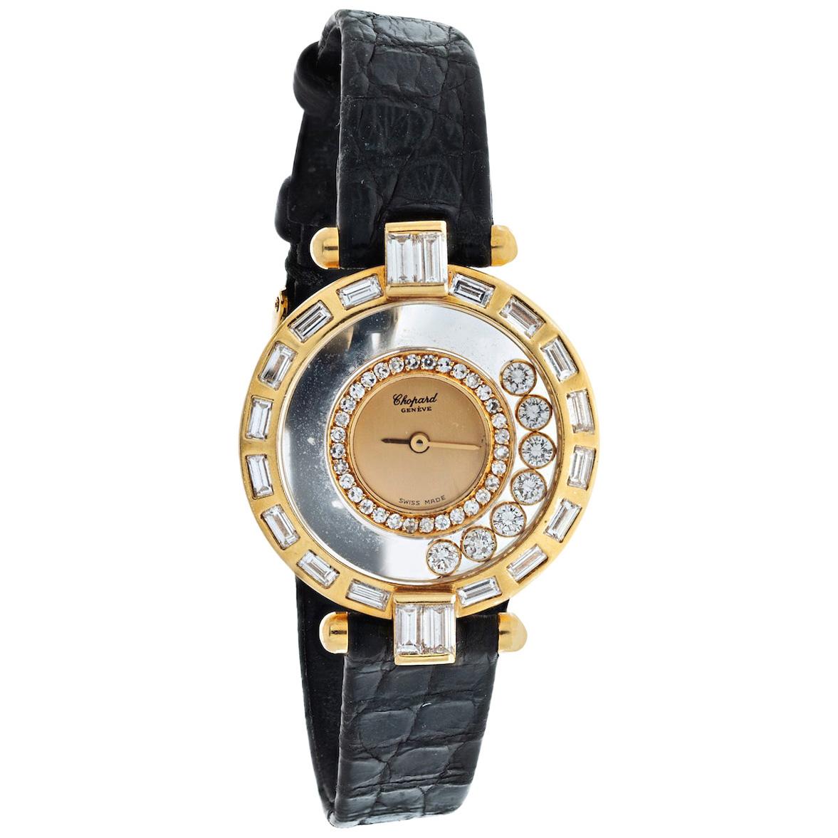 Chopard Yellow Gold Happy Diamonds Vintage Rounds and Baguettes Ladies Watch