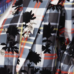 CHOPOVA LOWENA colorful floral velvet plaid draped collar puff sleeves blouse S