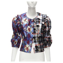 CHOPOVA LOWENA colorful floral velvet plaid draped collar puff sleeves blouse S